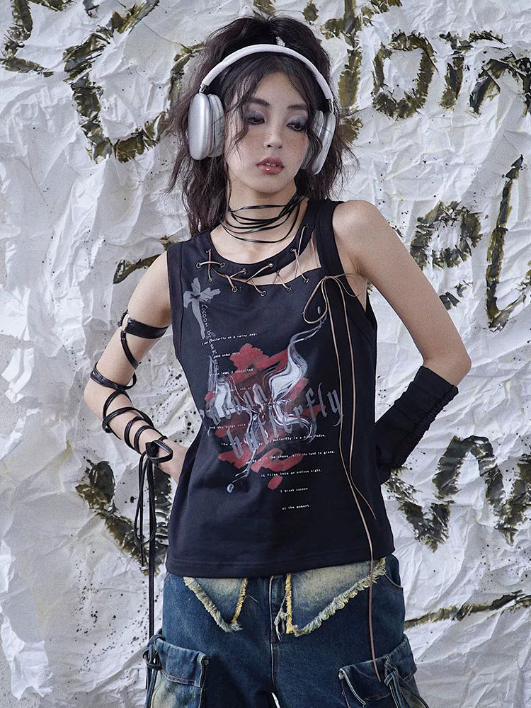 Tie-Strap Graphic Print Tank Top