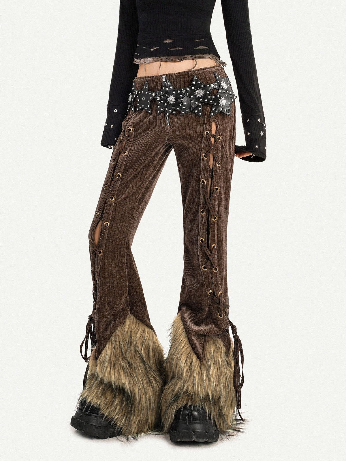 Corduroy Patchwork Fake Fur Lace-Up Slimming Pants