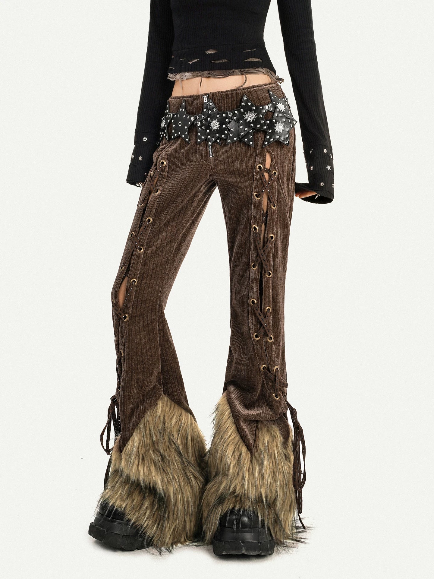 Corduroy Patchwork Fake Fur Lace-Up Slimming Pants