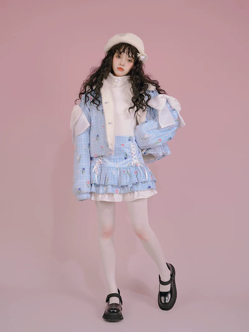 Flower Print Bow Fleece Lining Puffer Jacket
