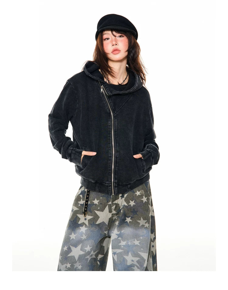 Asymmetrical Zipper Oversize Hooded Jacket