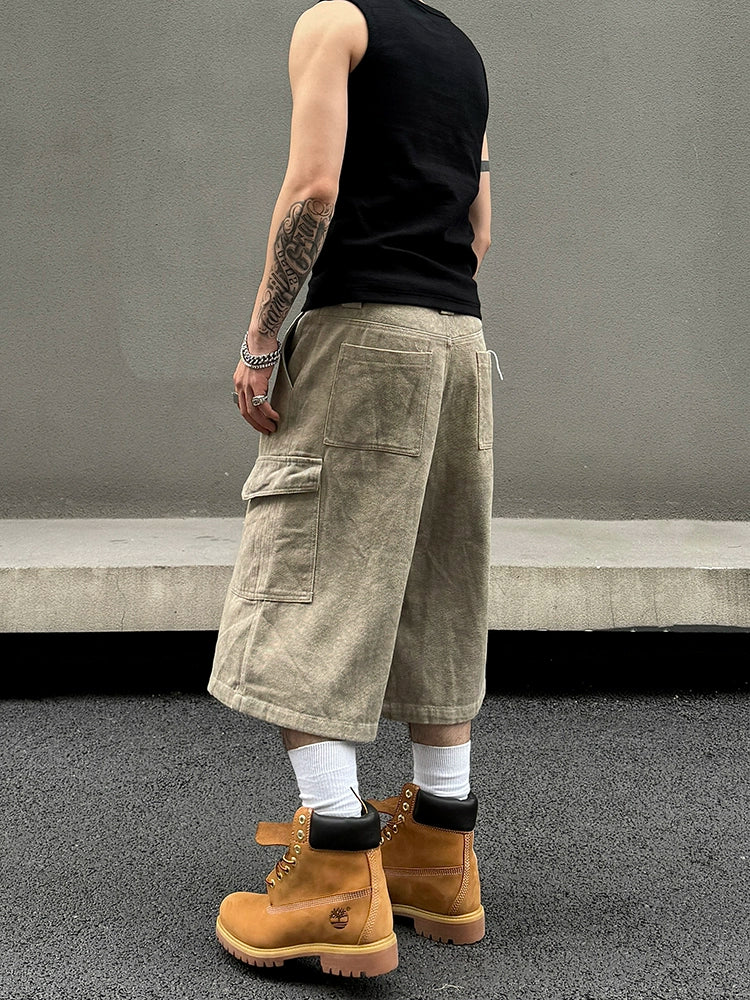 Marble Pattern Washed Wide Leg Cargo Short