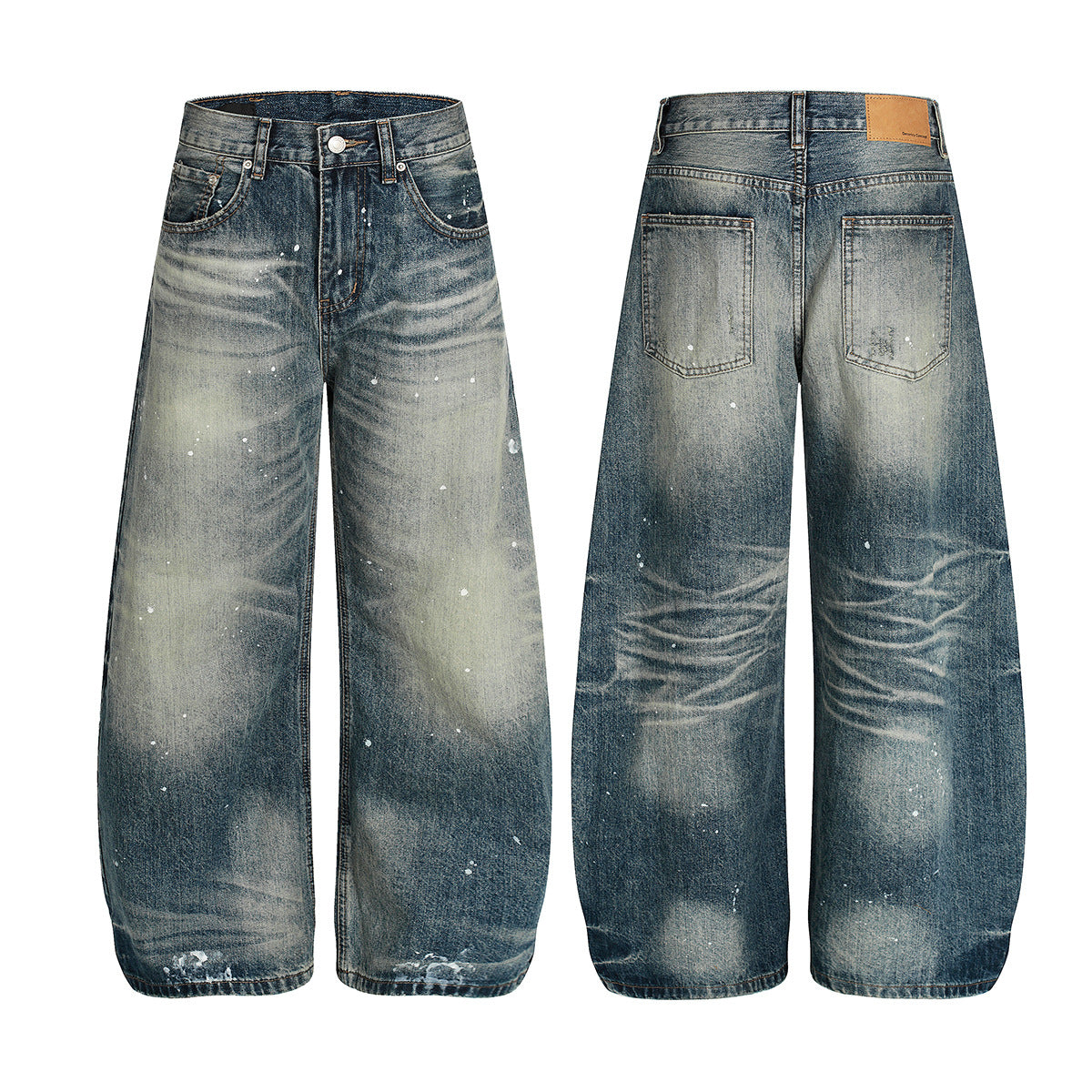 Washed Paint Splatter Curved Wide Leg Denim Jeans