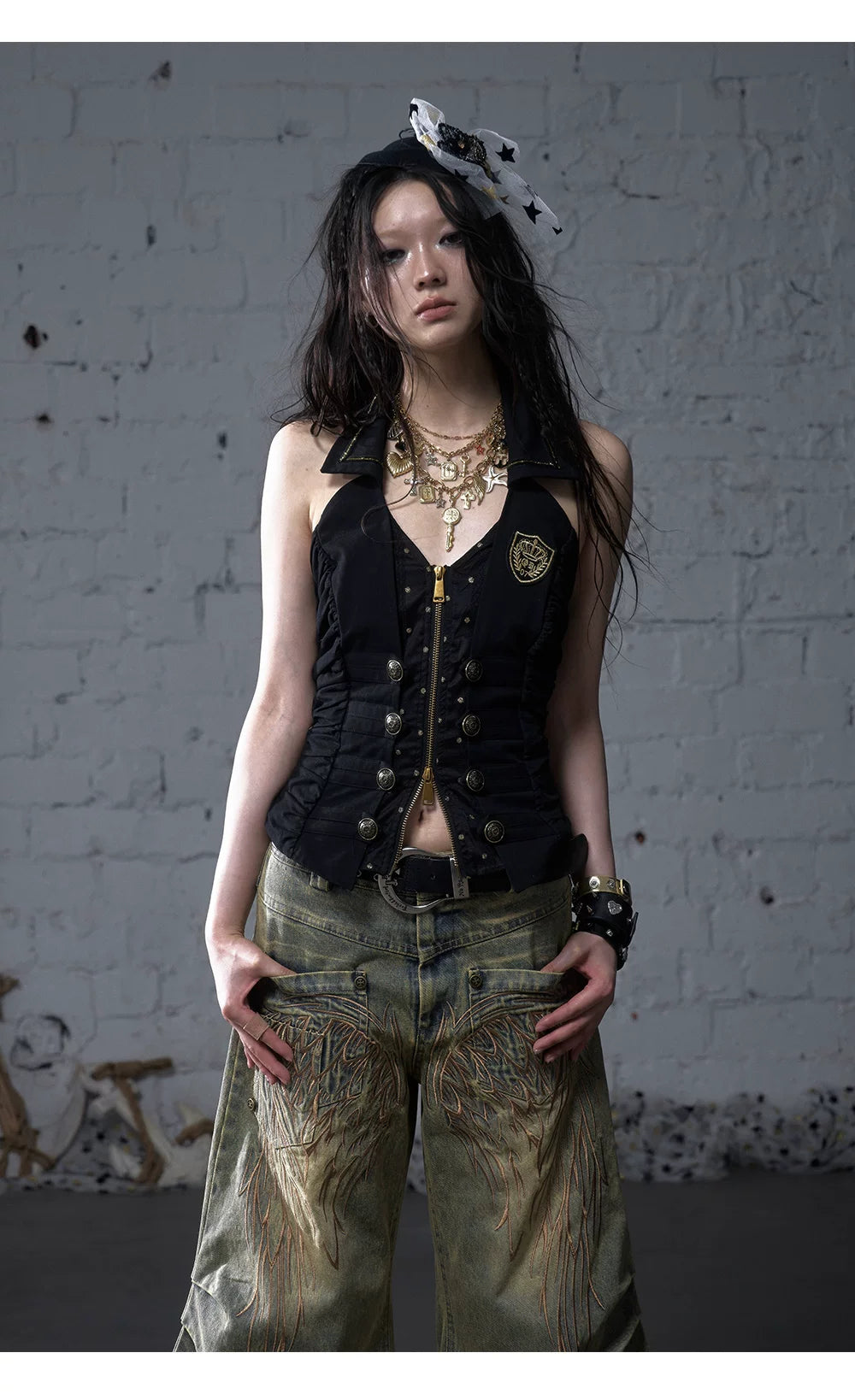 V-Neck Fake Layered Waist-Fit Tank Top