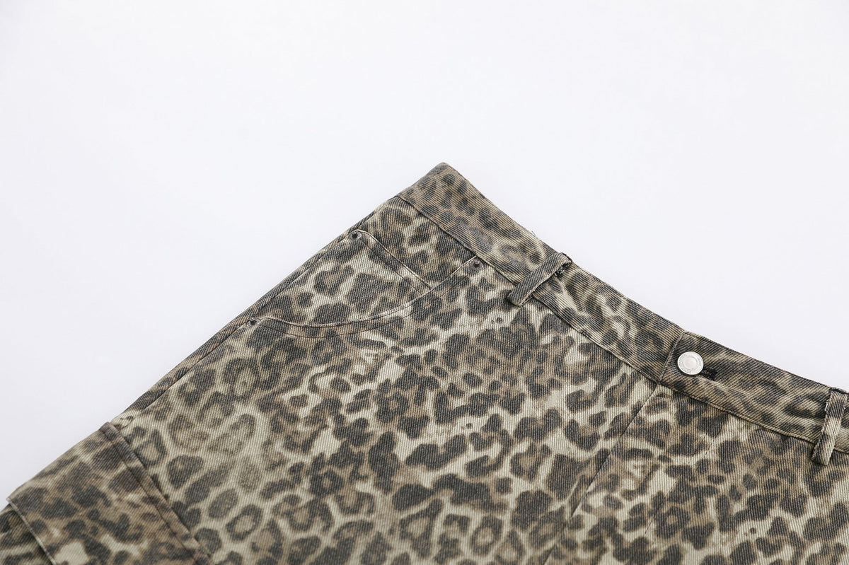 Leopard Print Multi-Pocket Wide Leg Jort