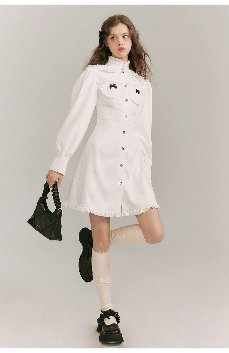 Double Neck Long Sleeve Shirt Dress
