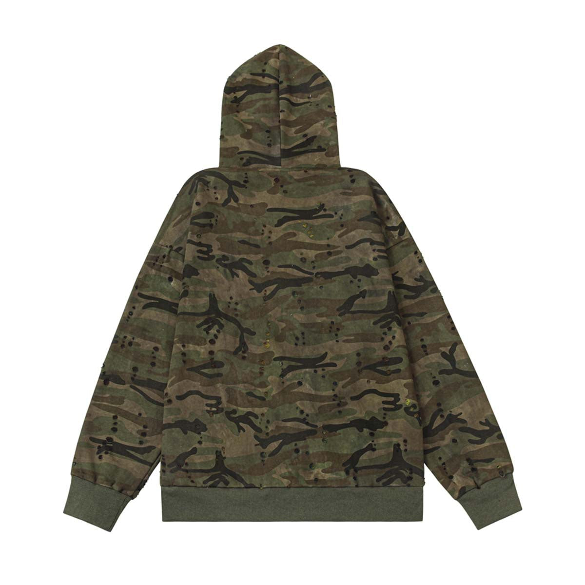Kapuzenpullover mit Reißverschluss in Camouflage-Optik, gewaschen und beschädigt
