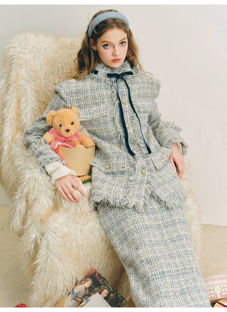 Bow Jacquard Jacket & Tassel Jacquard Short Skirt Setup
