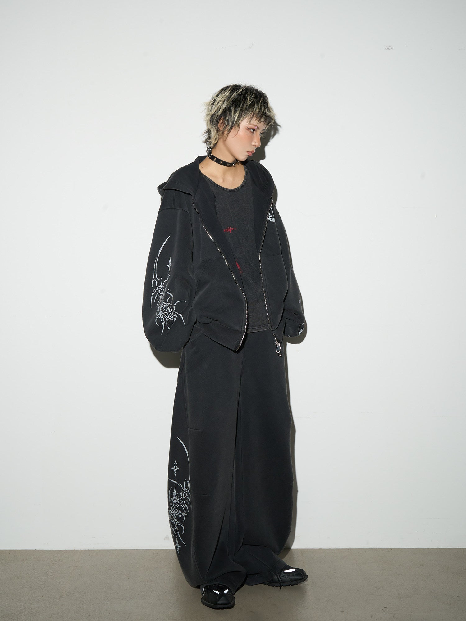 Graphic Print Oversize Zipper Hoodie & Wide Leg Sweatpants Setup