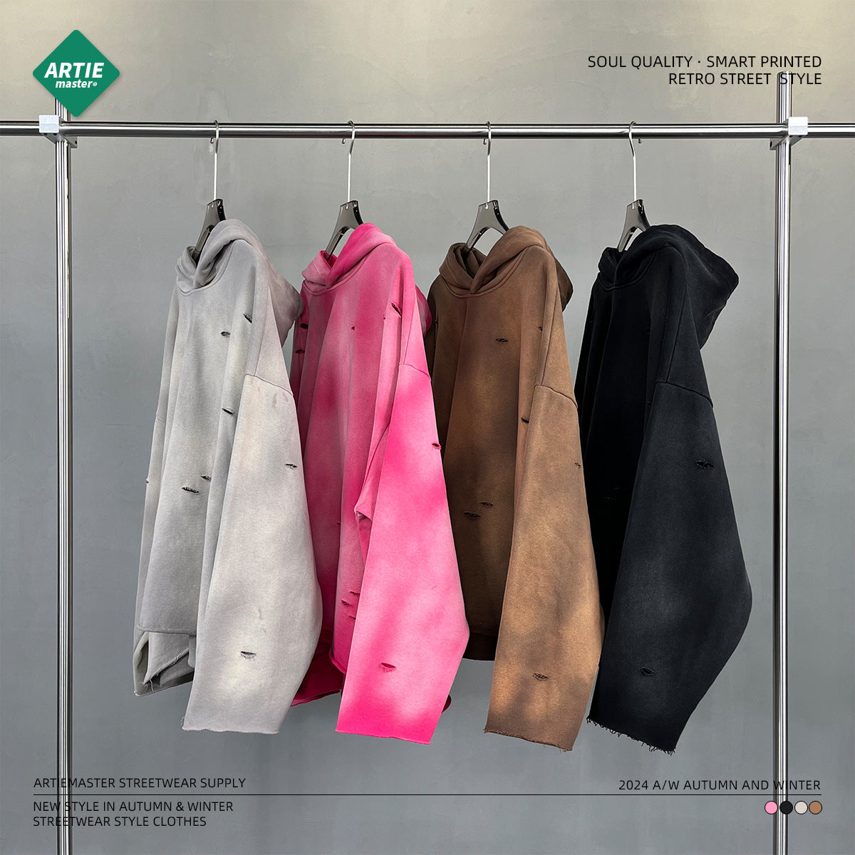 Washed Irregular Hole Water Spray Print Hoodie