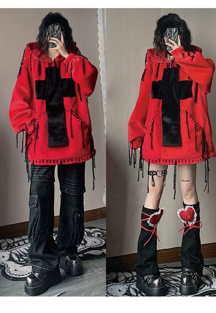 Fake Fur Hooded Cross Detail Hoodie