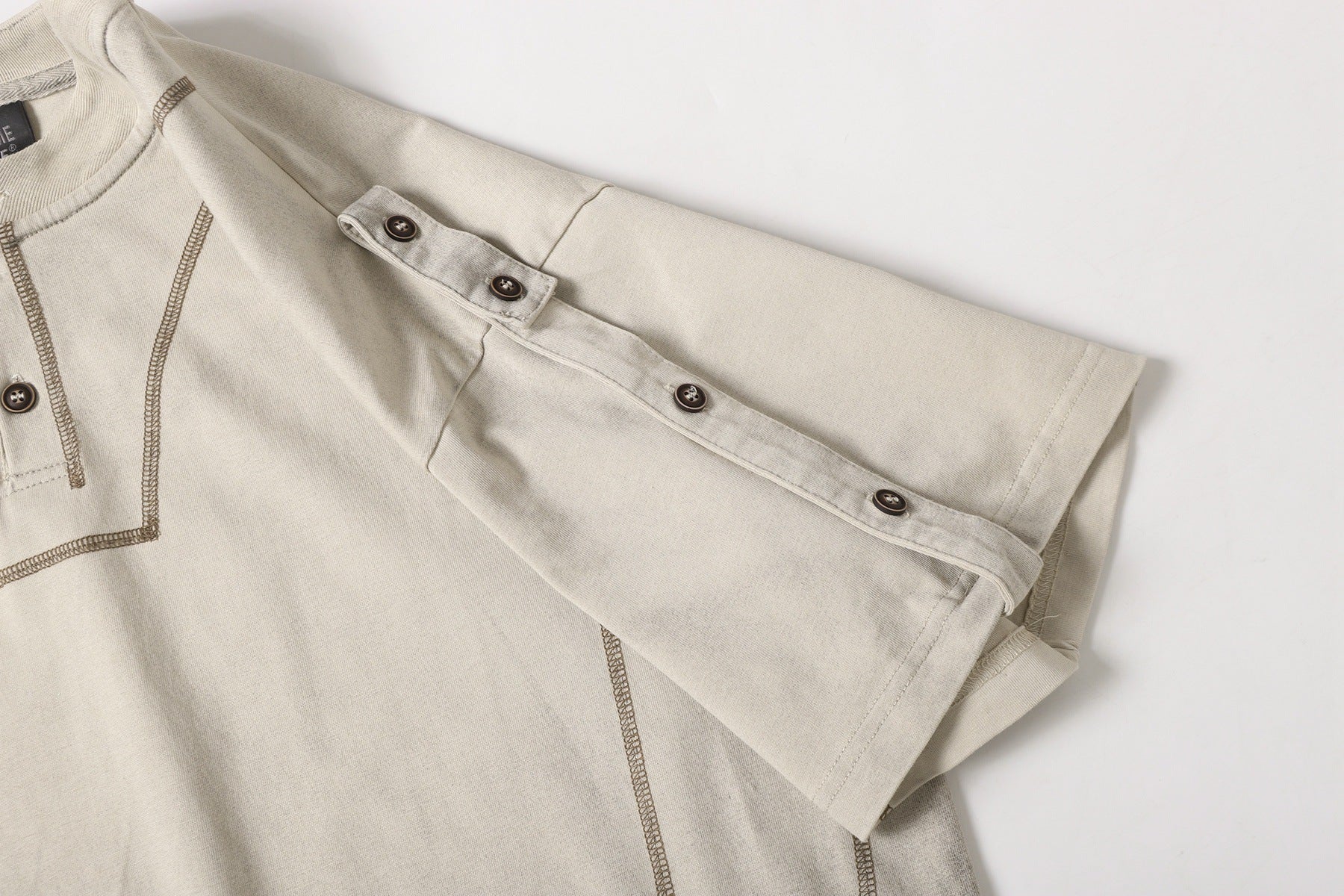 Semi-Open Collar Washed Short Sleeve T-Shirt