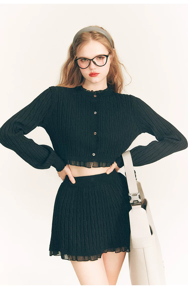 Tulip Button Knit Cardigan & Knit Short Skirt Setup
