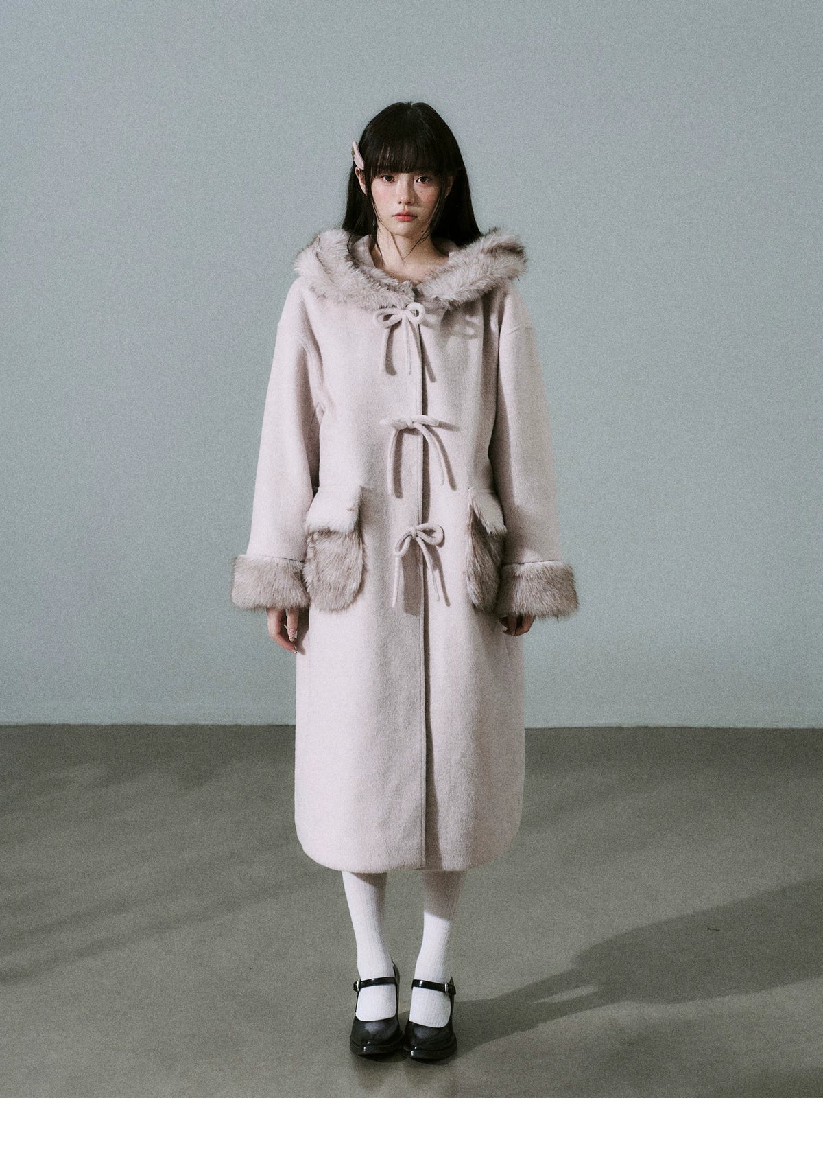 Bow Detail Fake Fur Trim Coat