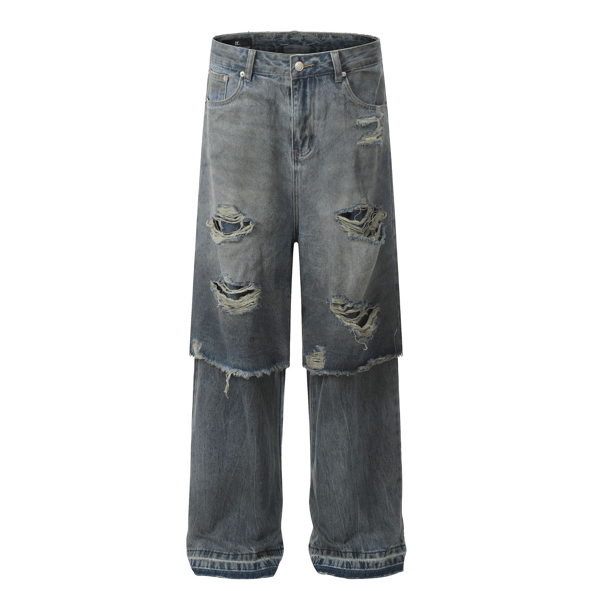 Fake Layered Damage Wide Leg Denim Jeans