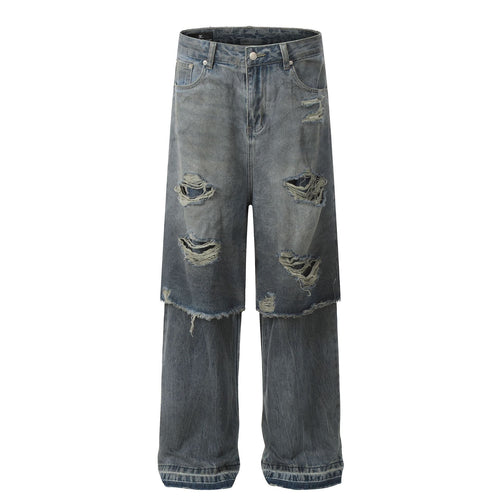 Fake Layered Wide-Leg-Jeans mit Damage-Effekt - Blau / S