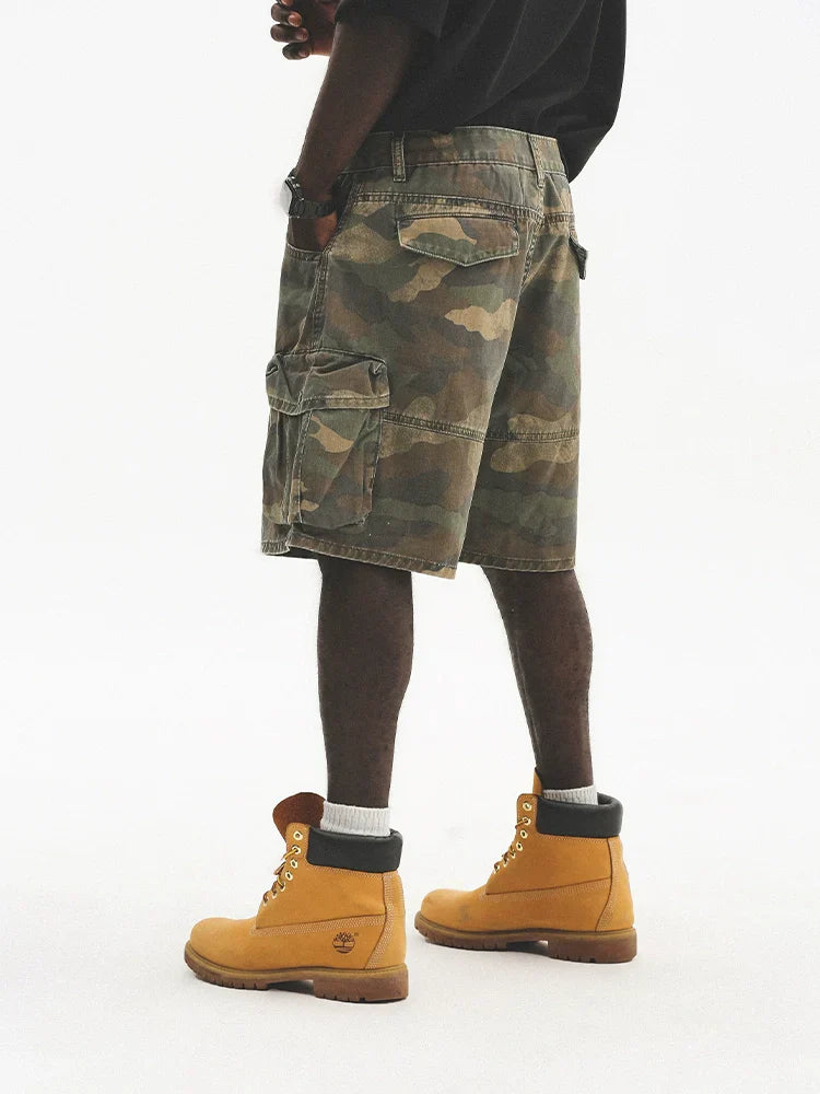 Washed Multi-Pocket Wide Leg Cargo Short Pants