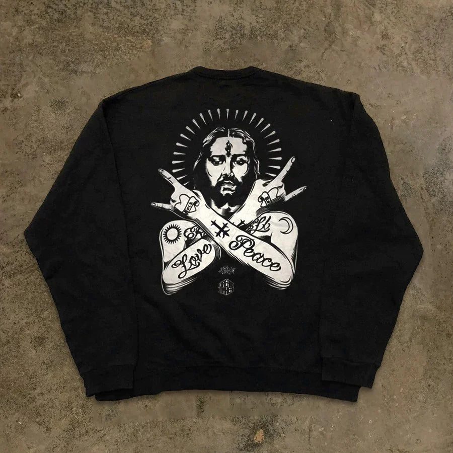 Oversize Portrait Print Pullover Sweatshirt