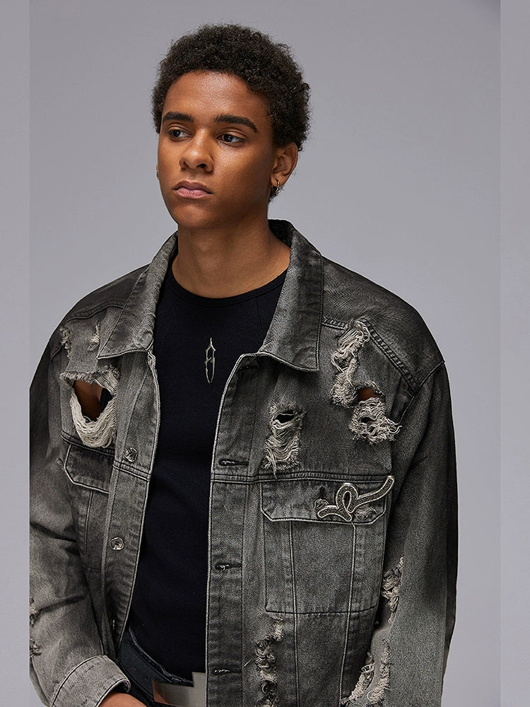 Damage Fringe Oversize Wash Long Sleeve Denim Shirt