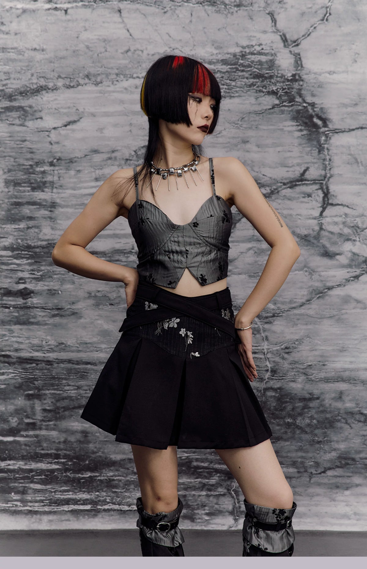 Chinese Style A-Line Jacquard Pleats Short Skirt