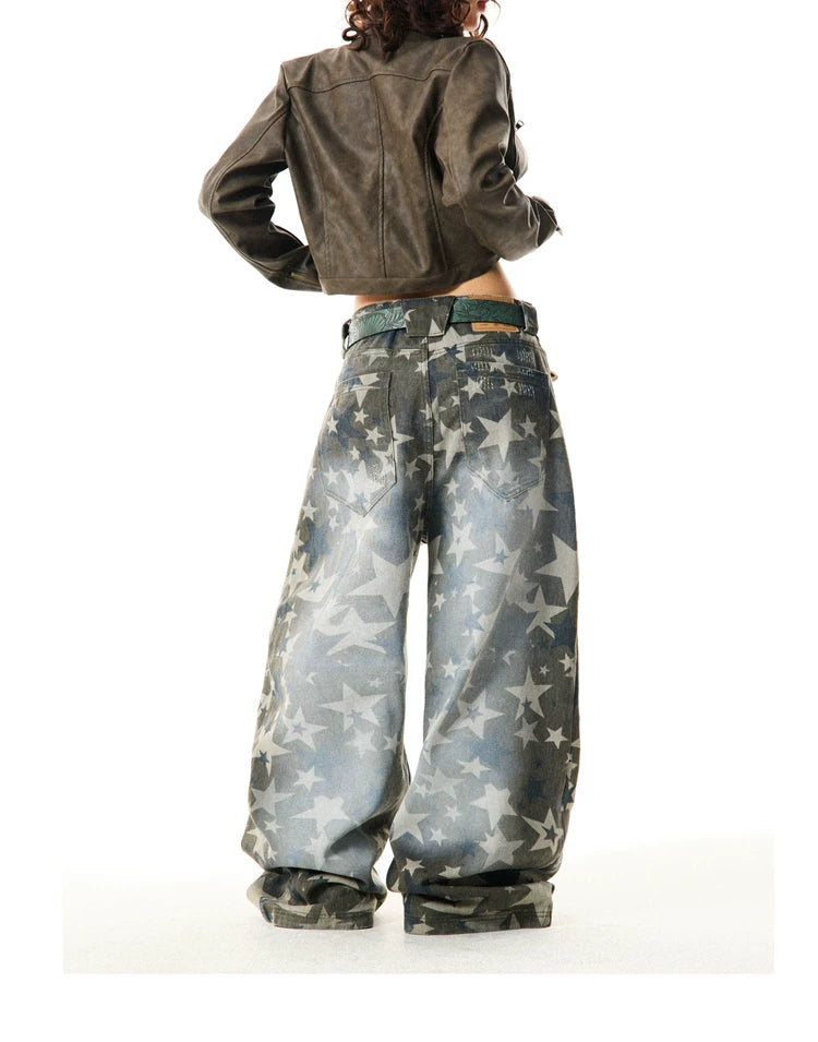 Star Print Damage Wide Leg Denim Jeans