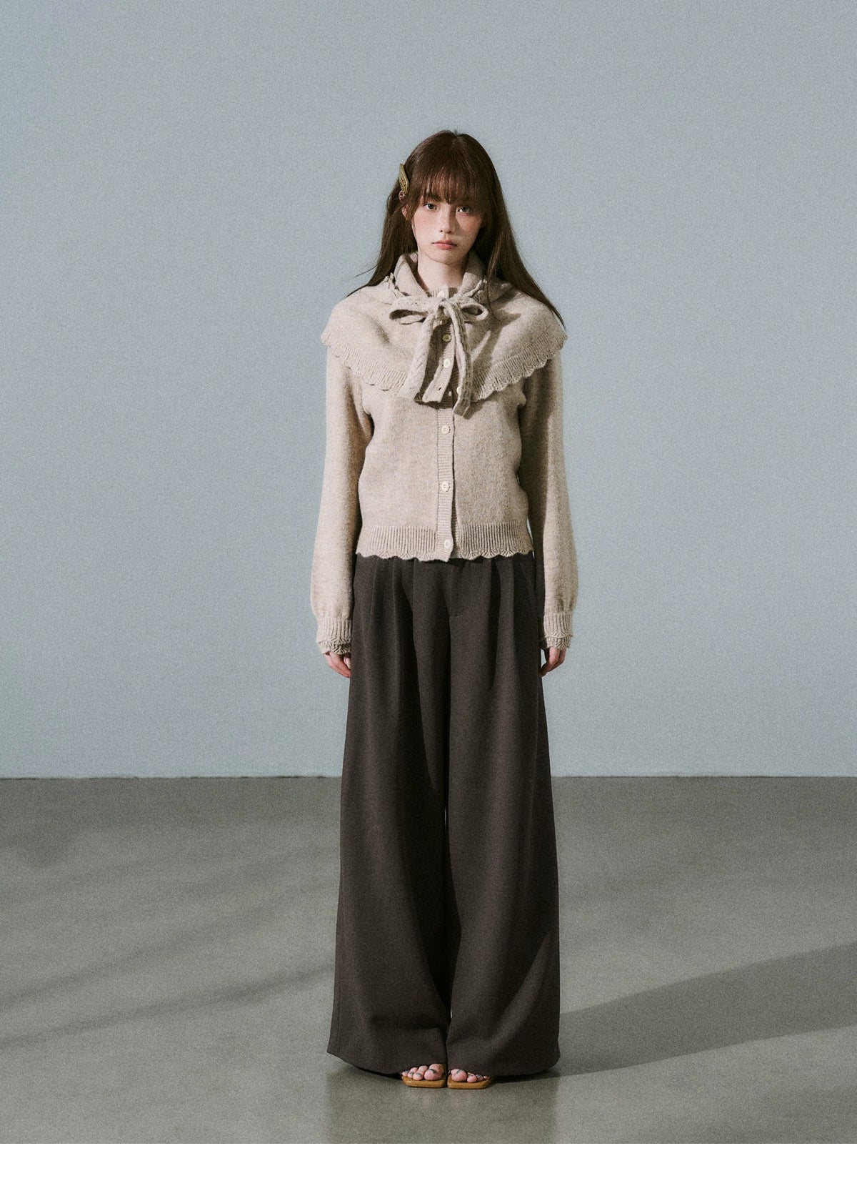 Ruffled Collar And Bow Detail Knit Cardigan