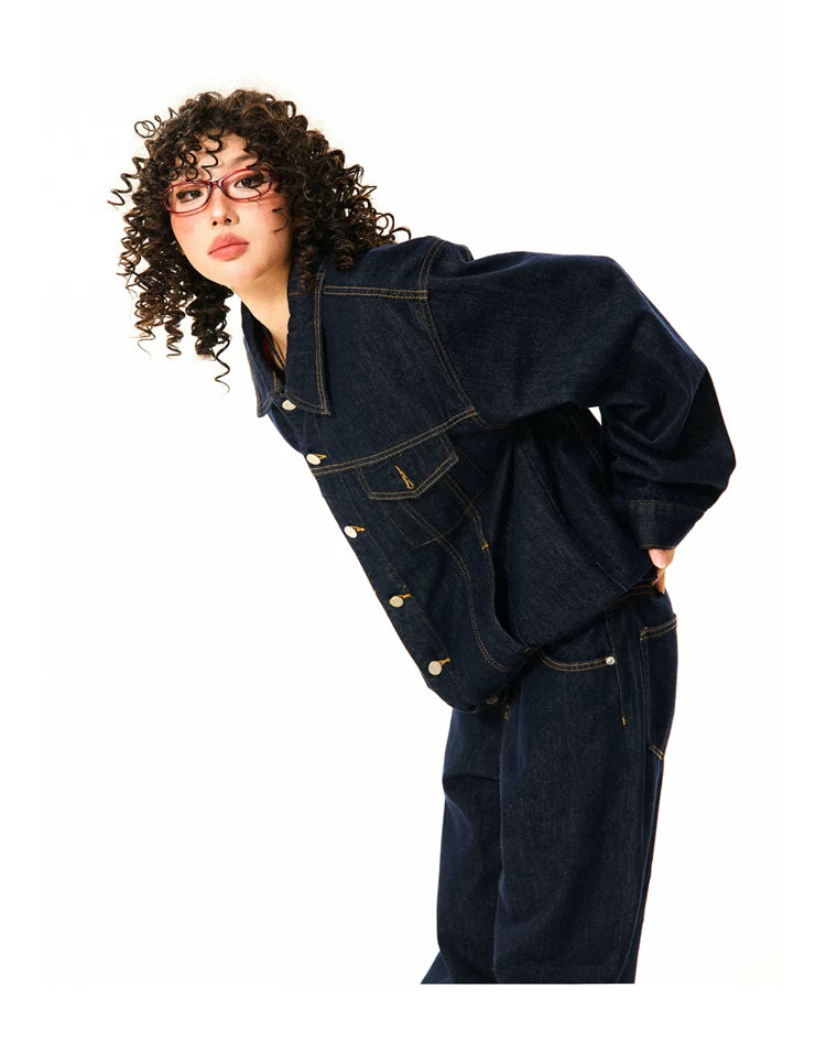 Button Oversize Denim Jacket & Wide Leg Denim Jeans Setup