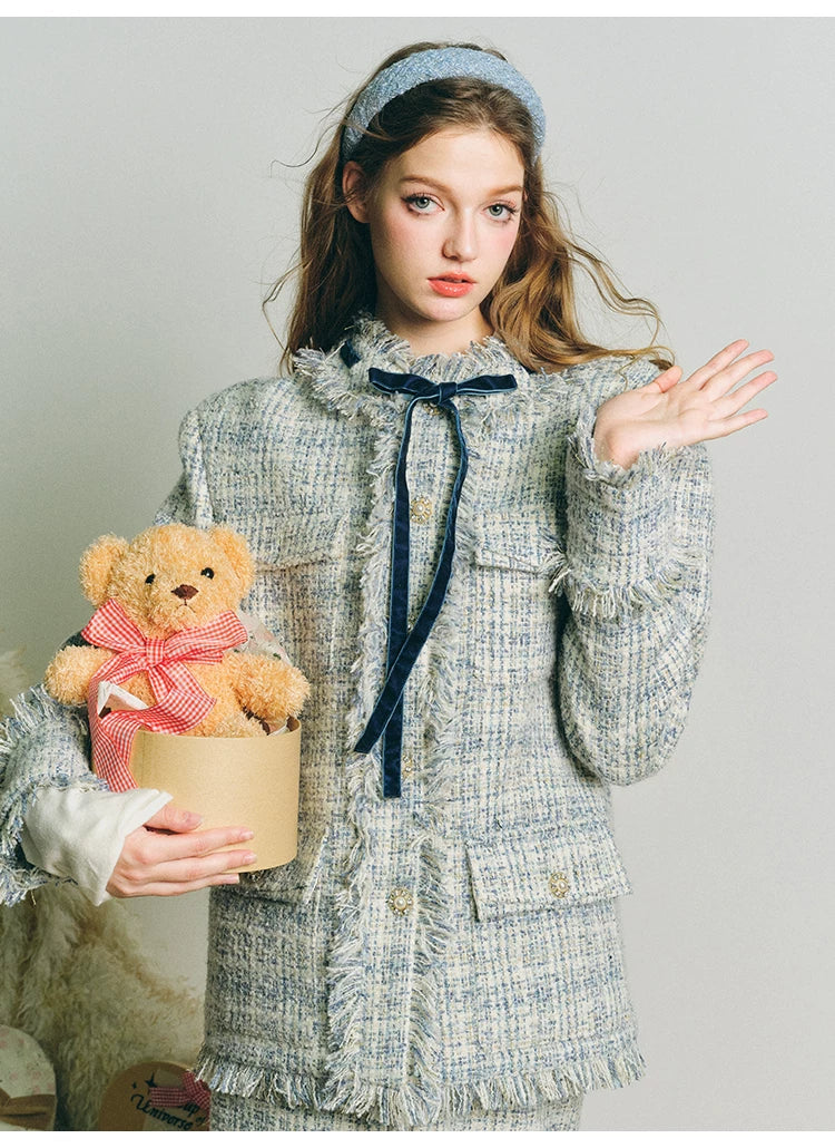 Bow Jacquard Jacket & Tassel Jacquard Short Skirt Setup