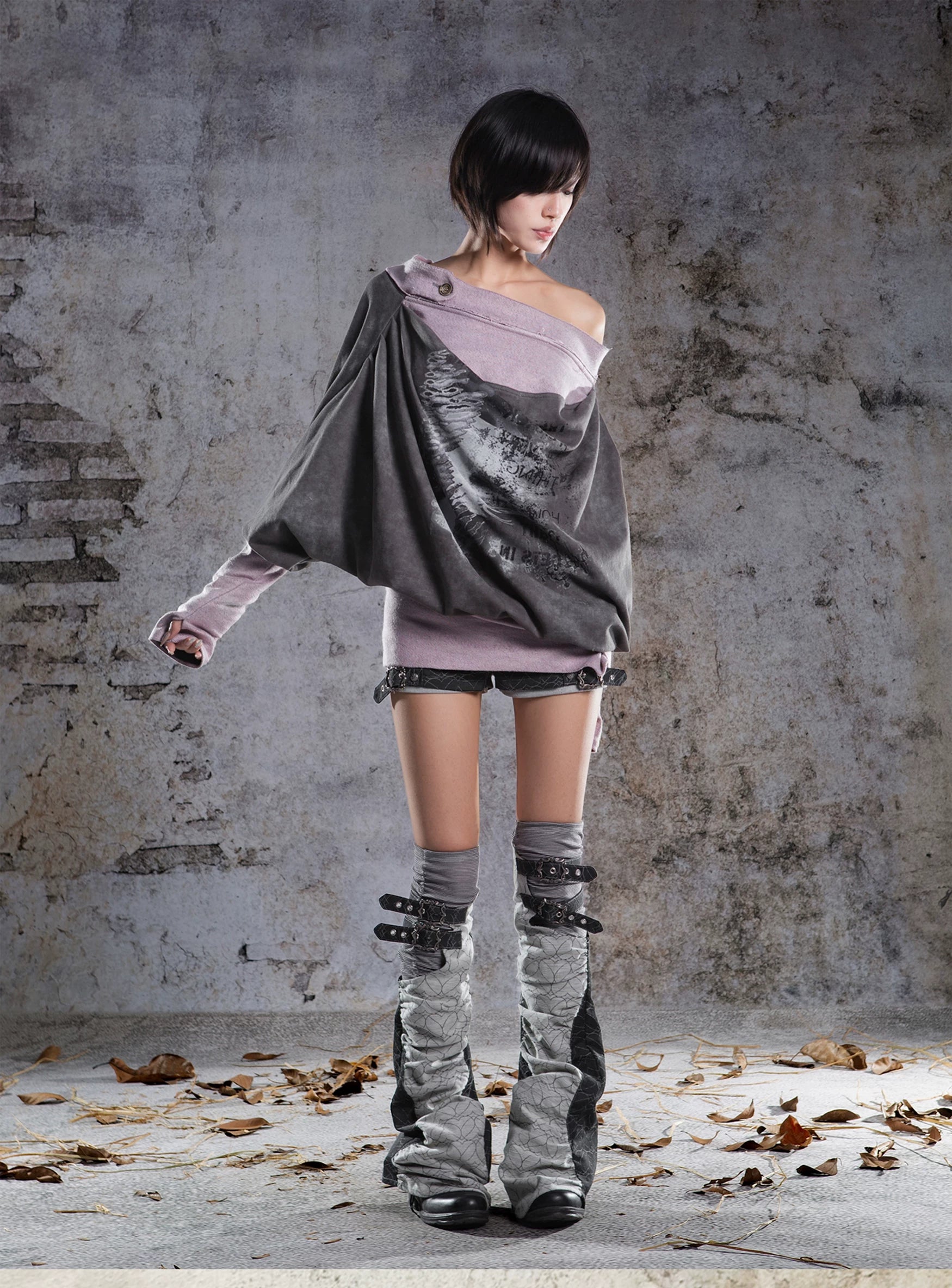 Original Fake Two-Piece Oversize Batwing Sleeve Floral Off-Shoulder Long Sleeve T-Shirts