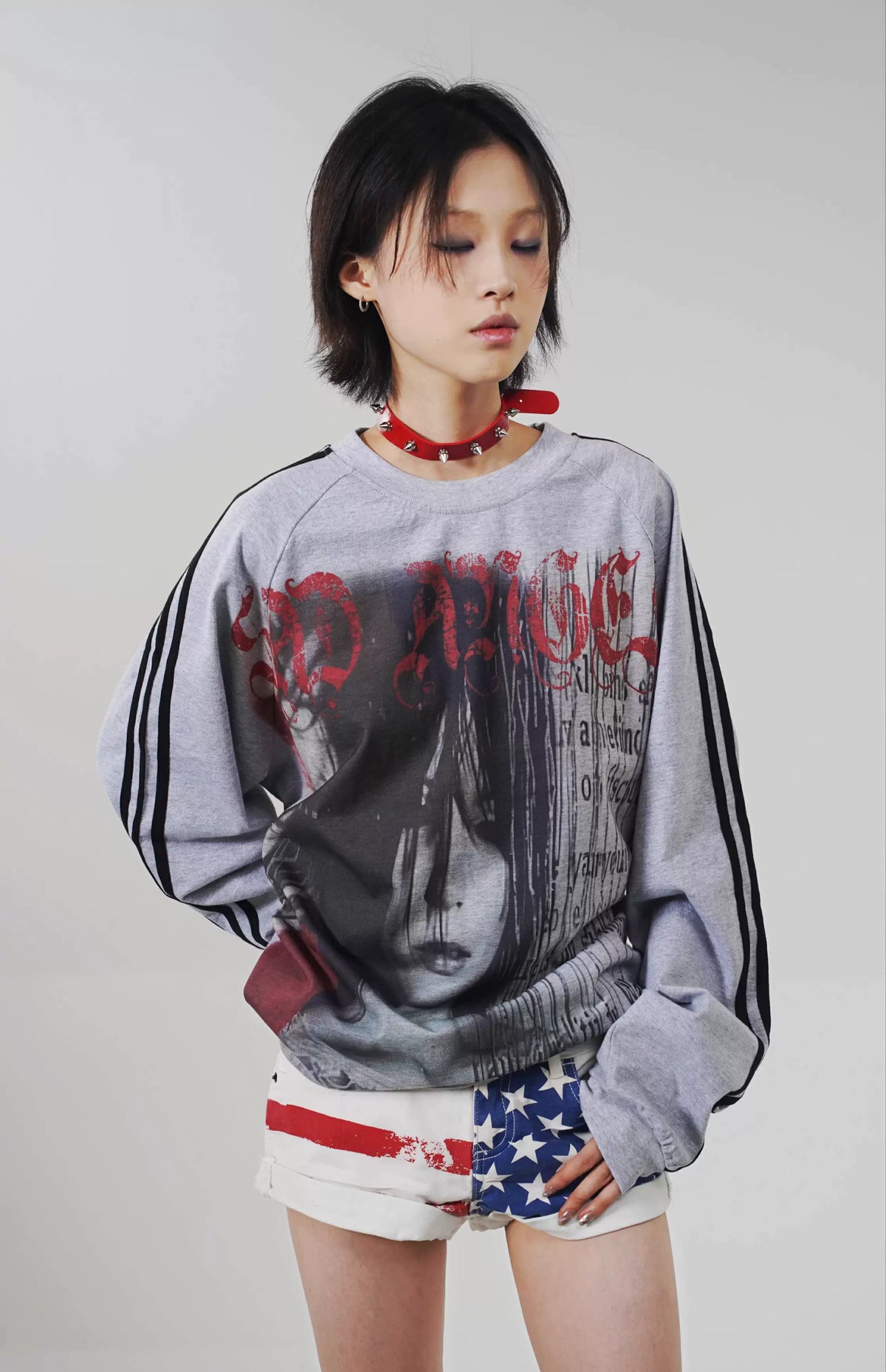 Punk Girl Graphic Gray Long Sleeve T-Shirt