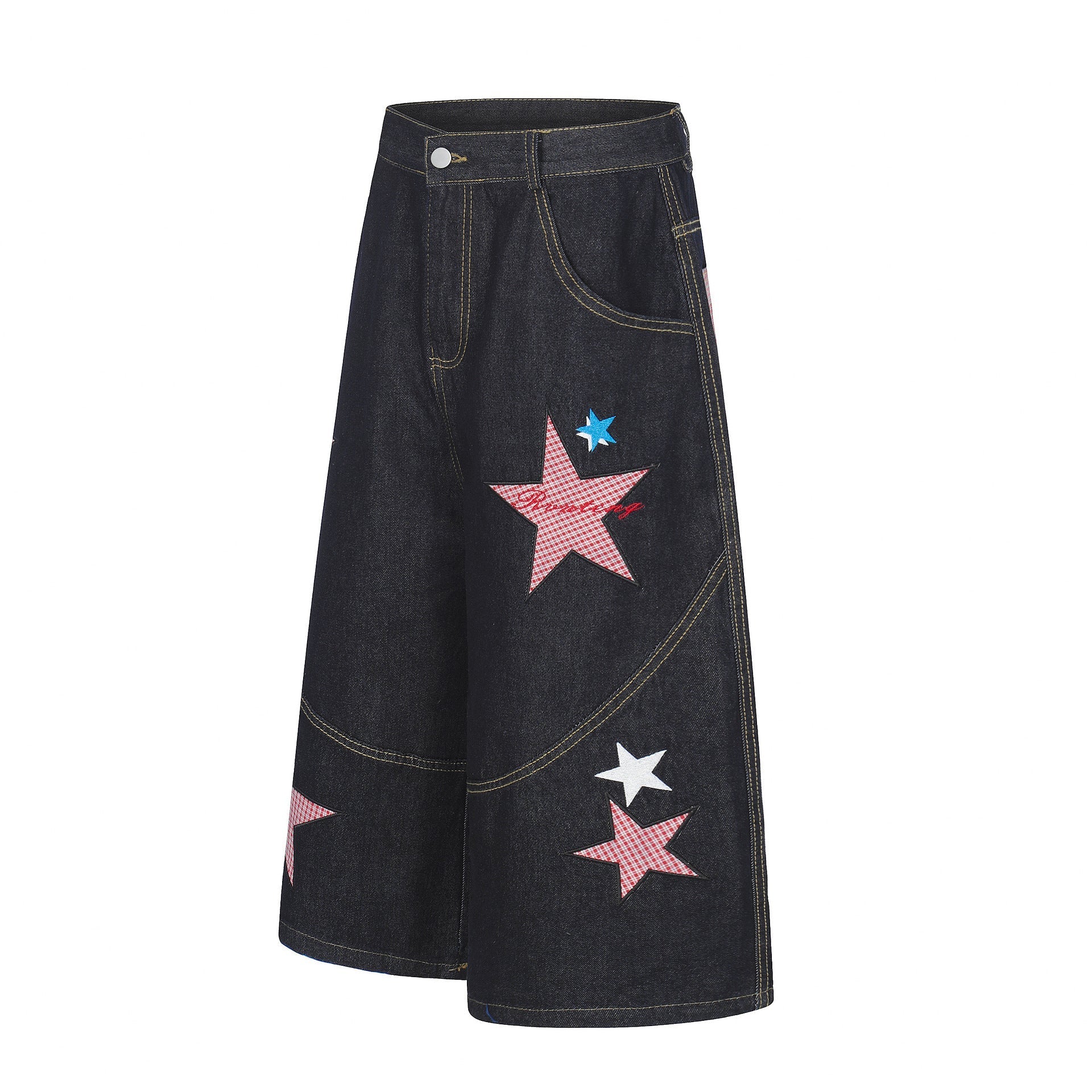 Star Patch Embroidery Denim Wide Leg Jort