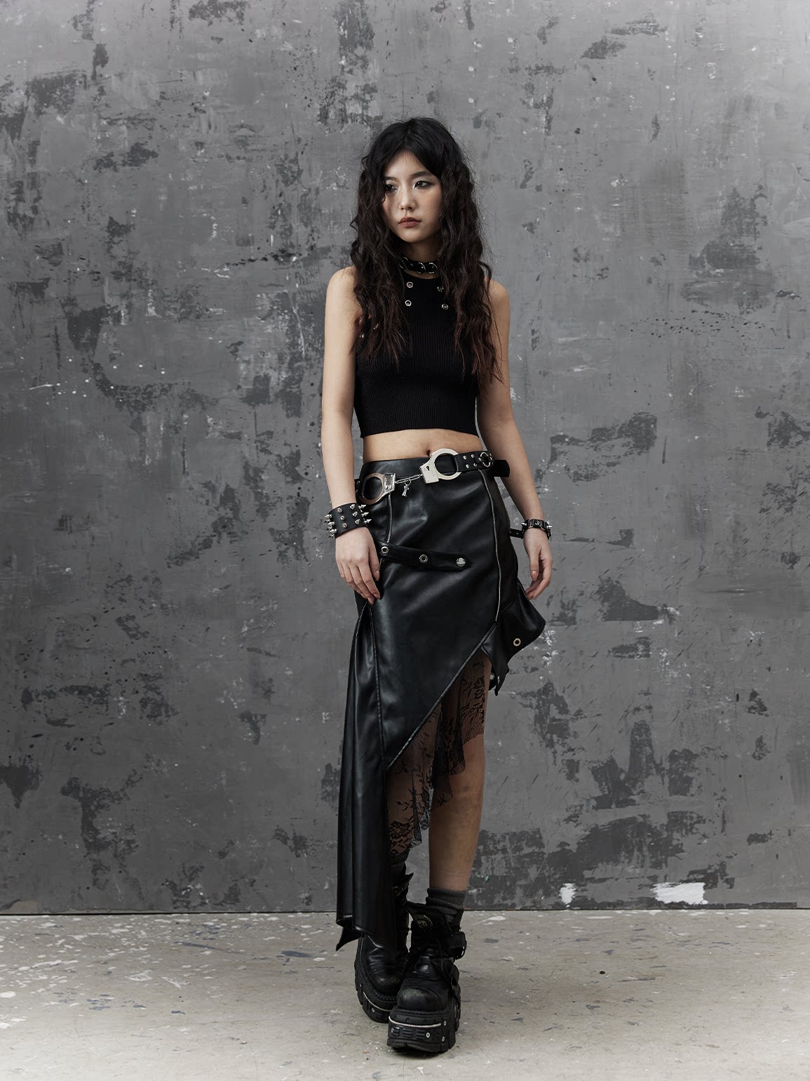 Asymmetric PU Leather Mesh Patchwork Skirt