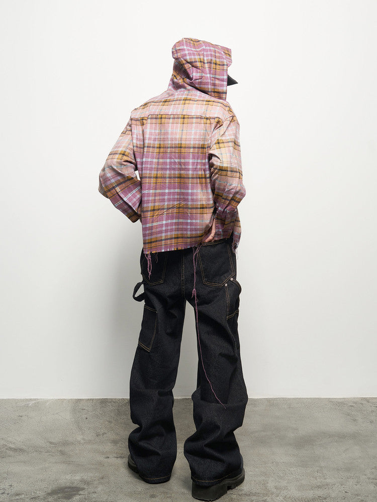 Gradient Plaid Hooded Long Sleeve Shirt