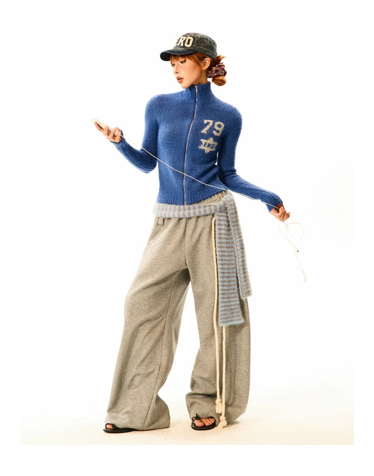 Number Patch Knit Zipper Stand Neck Cardigan