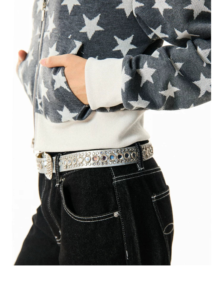 Star Print Cropped Zip-Up Hoodie