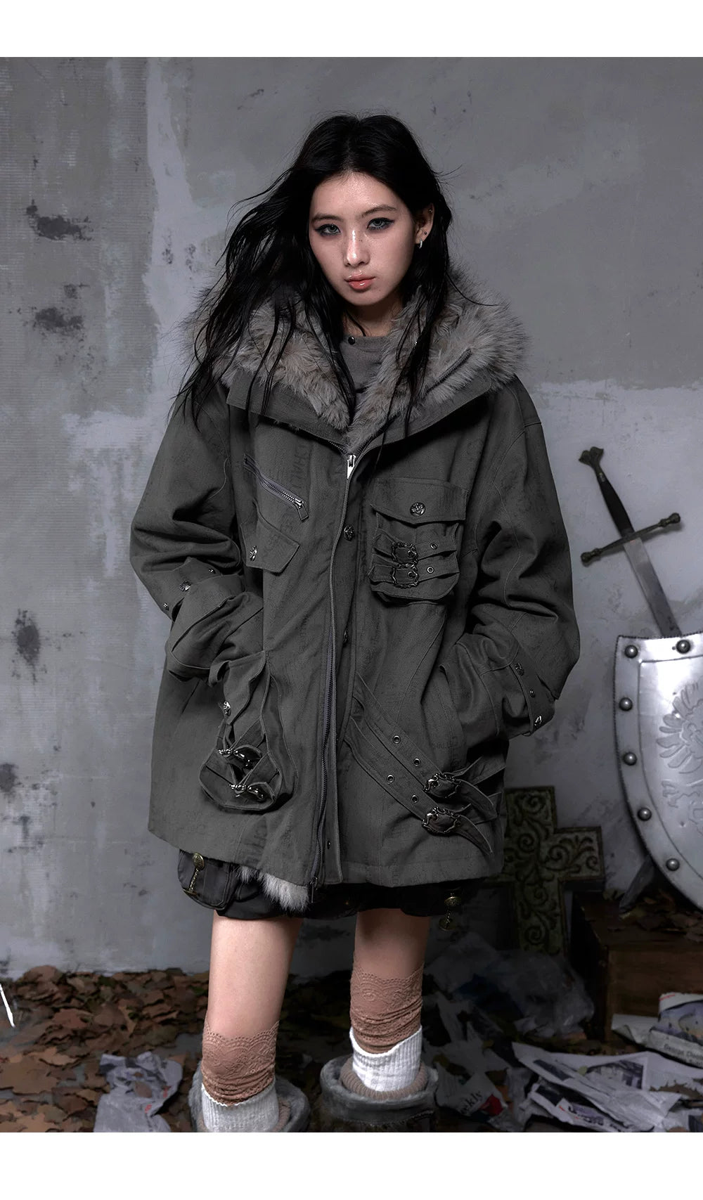 Fake Fur Hooded Multi-Pocket Buckle Detail Jacket