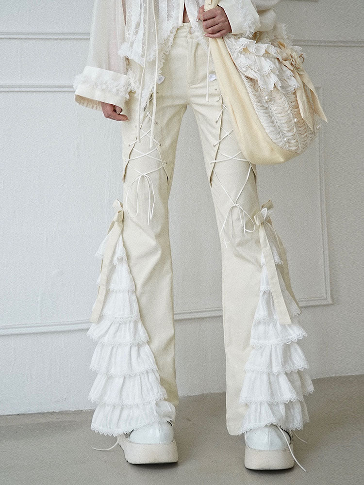 Lace-Trim Ruffle Long Pants