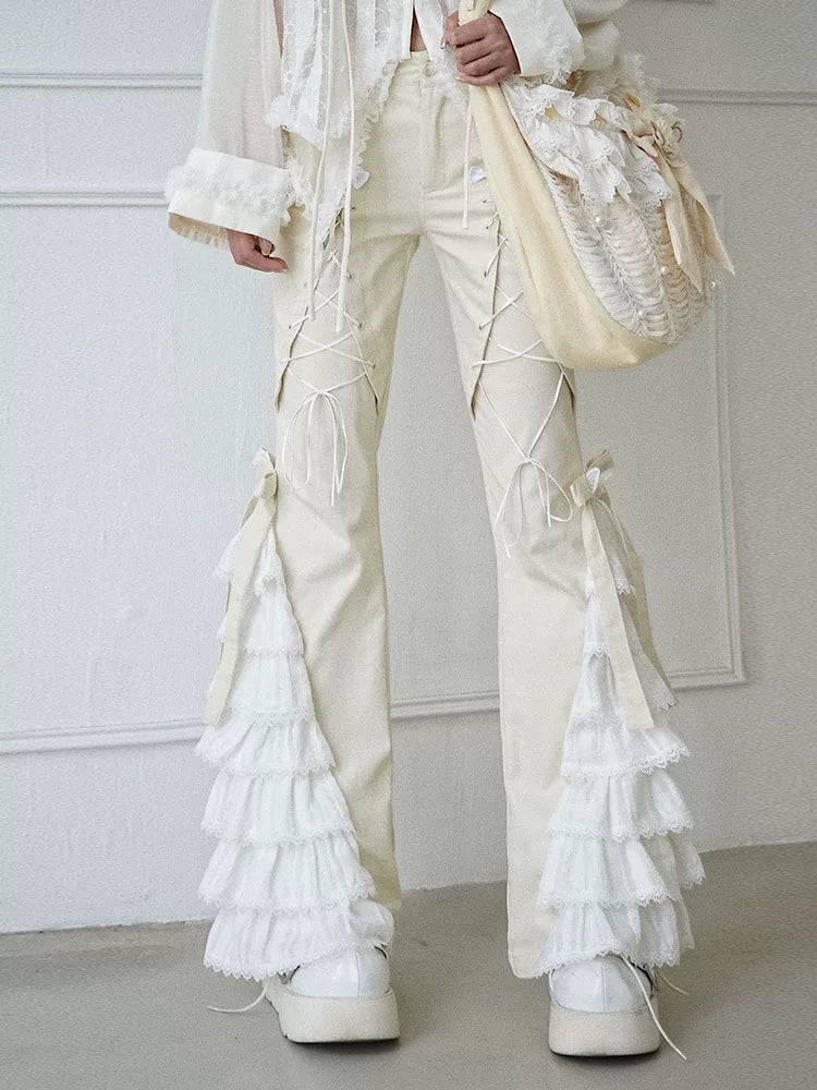 Lace-Trim Ruffle Long Pants