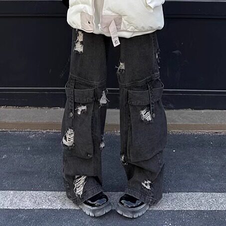 Damage Design Wide Leg Straight Denim Jeans
