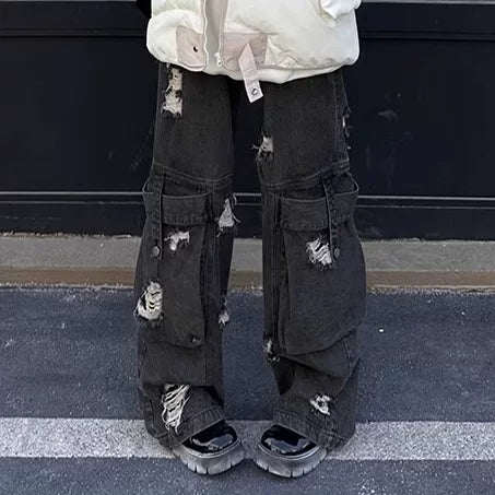 Damage Design Wide Leg Straight Denim Jeans