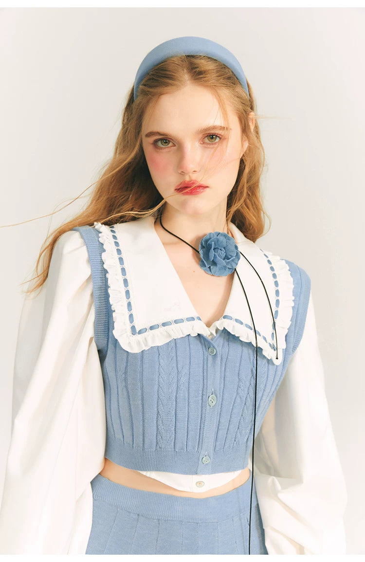 Button Knit Vest & Knit Pleated Skirt Setup
