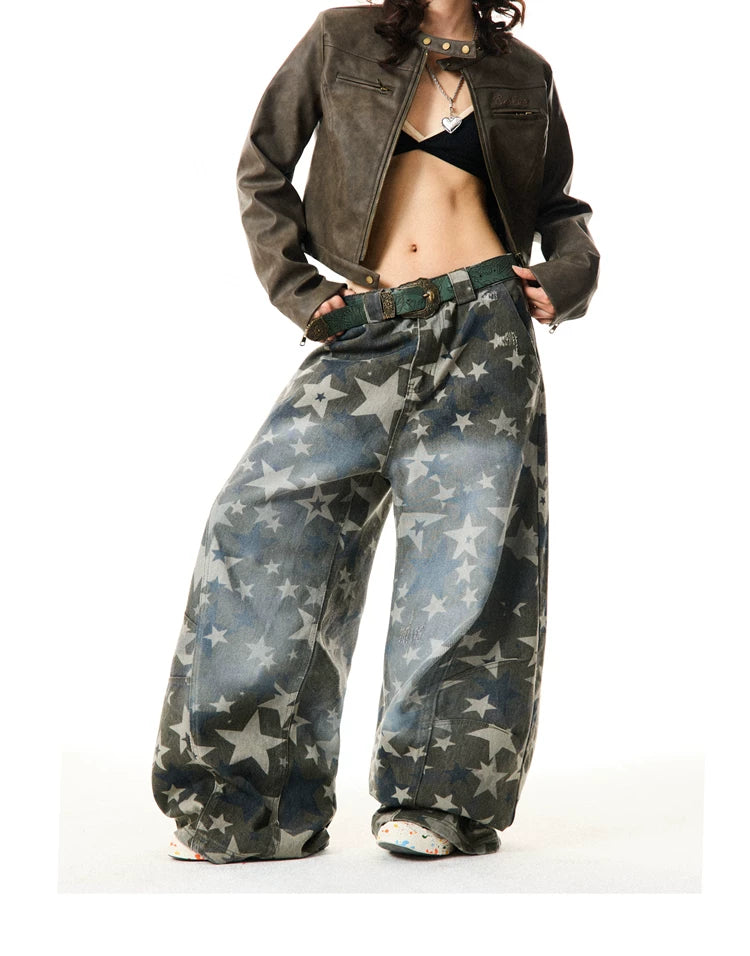 Star Print Damage Wide Leg Denim Jeans