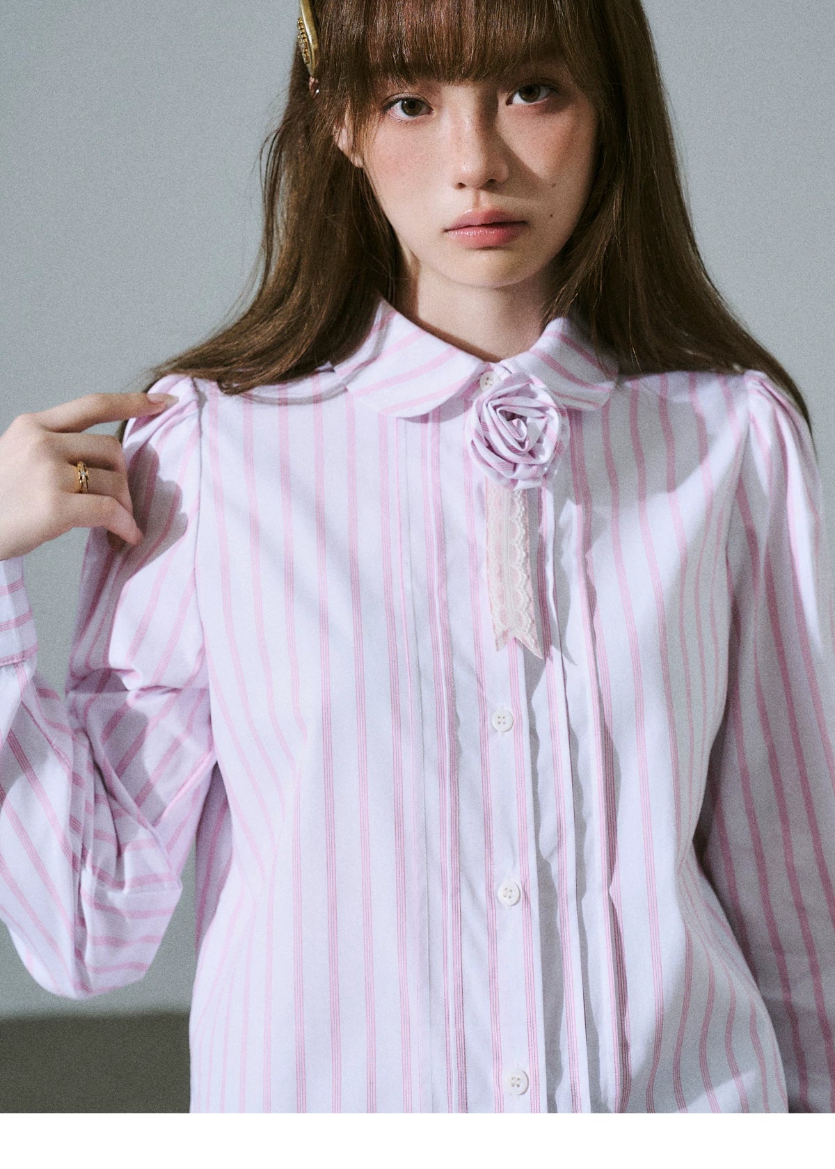 Lace & Flower Detail Stripe Long Sleeve Shirt
