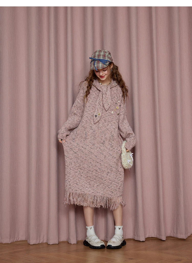 Robe longue ample à manches longues en maille avec capuche