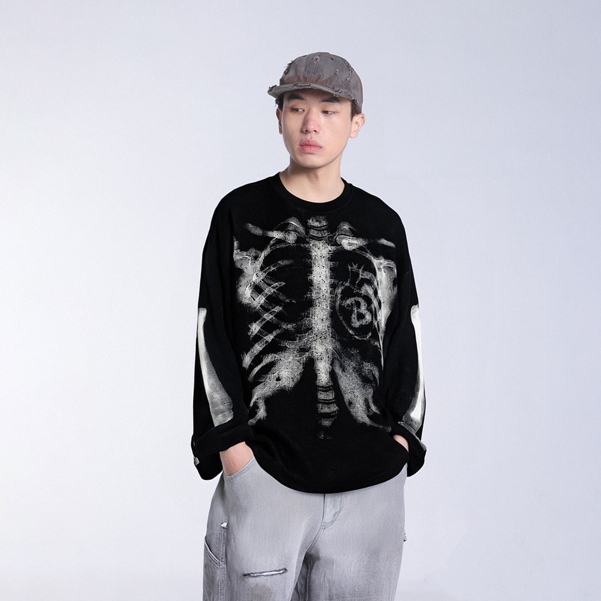 Skeleton Print Waffle Long Sleeve T-Shirt
