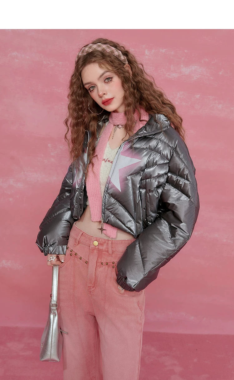 Star-Stitch Stand Neck Short White Duck Down Jacket