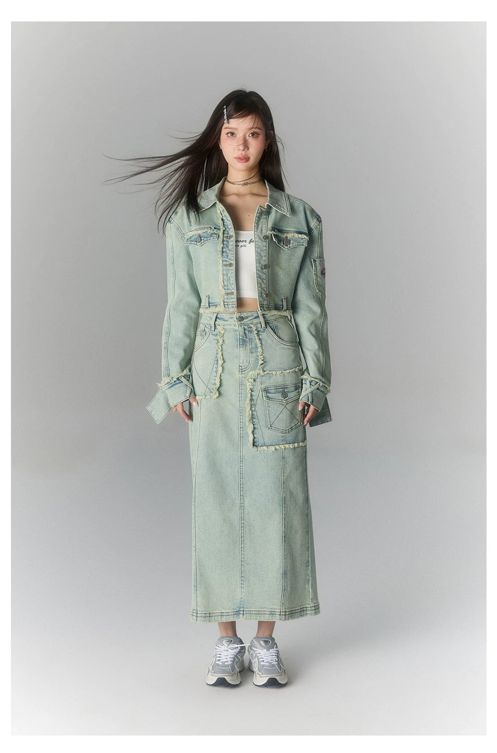 Washed Large Pocket Denim Long Skirt