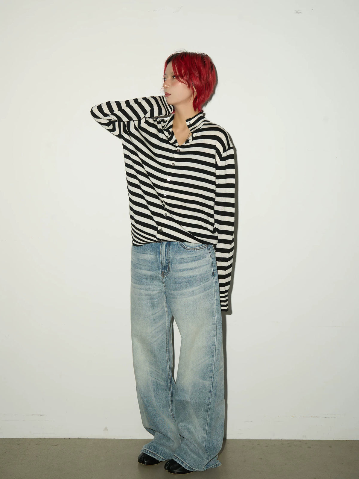 Contrast Stripe Wool Knit High-Neck Cardigan