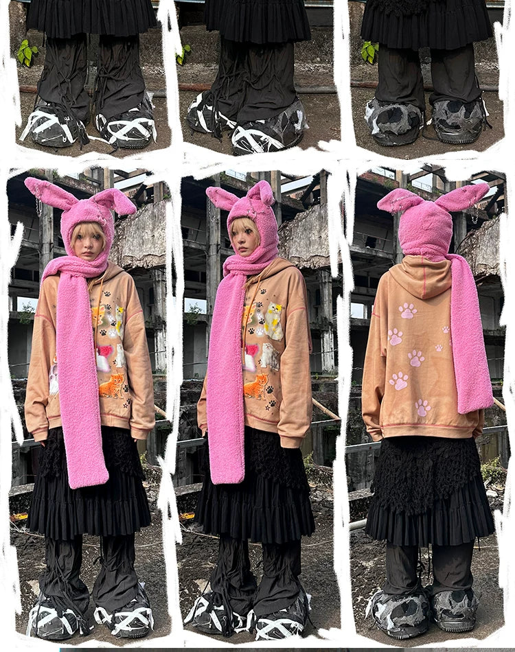 Cat Print Zipper Hoodie