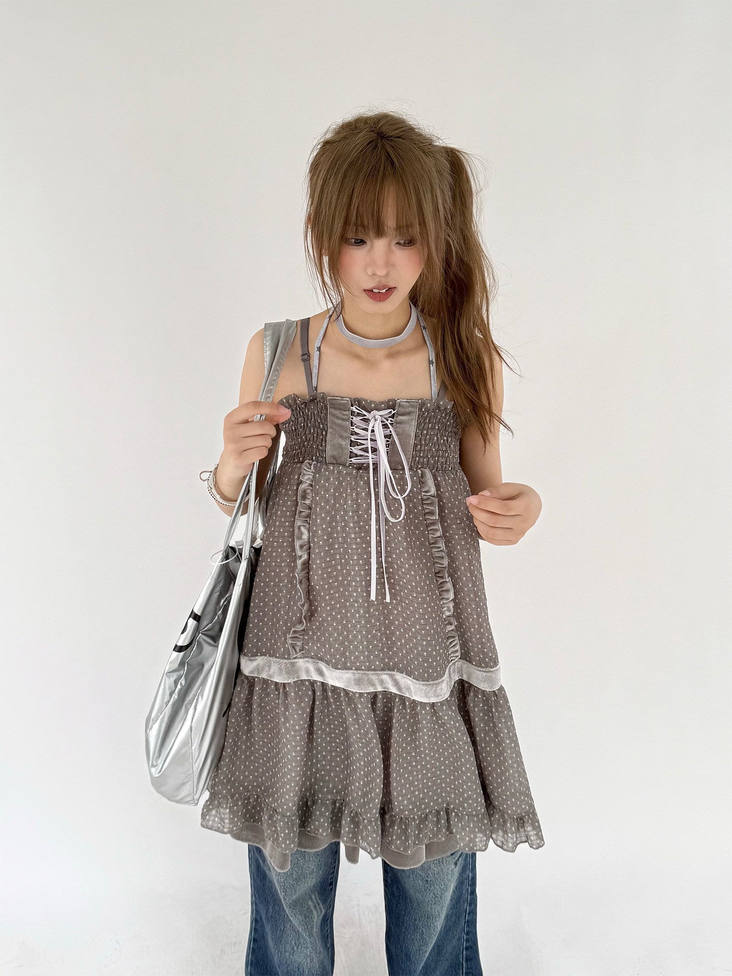 Polka Dot Patchwork Spaghetti Strap Dress